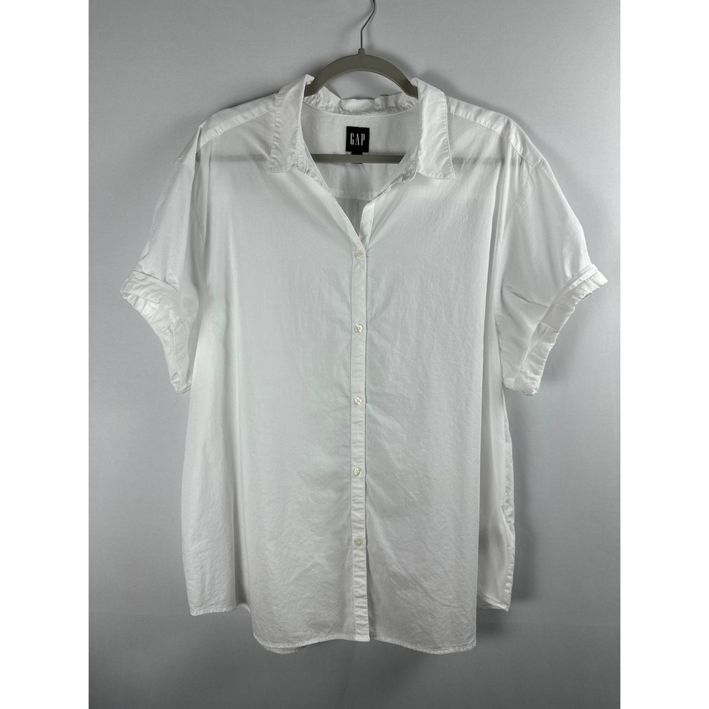 Gap Button Up Shirt XL White Short Sleeve Roll Cuff Cotton Coastal Casual Preppy